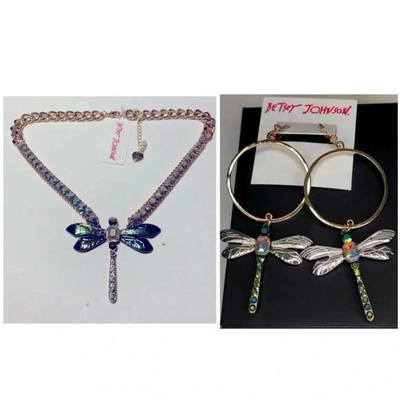 BETSEY JOHNSON SET Hoop Dragonfly Earrings & Matching Necklace AB Crystals NWT - Picture 1 of 13